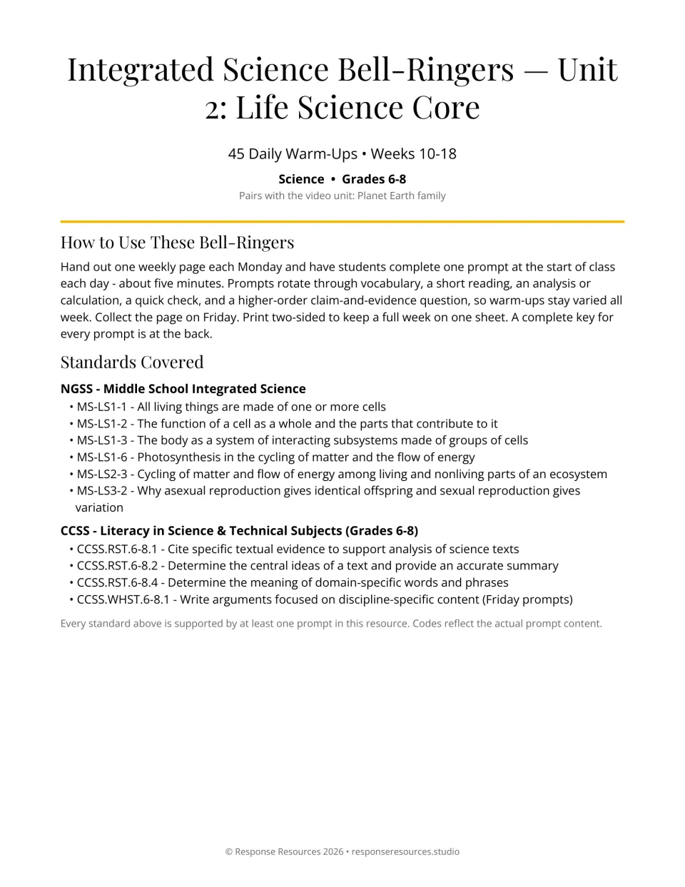 Life science bell-ringer cover introducing 45 warm-ups for weeks 10–18, usage directions, and standards