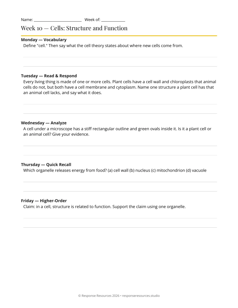 Week 10 bell-ringers: five prompts on cell theory, plant and animal cells, and organelle functions