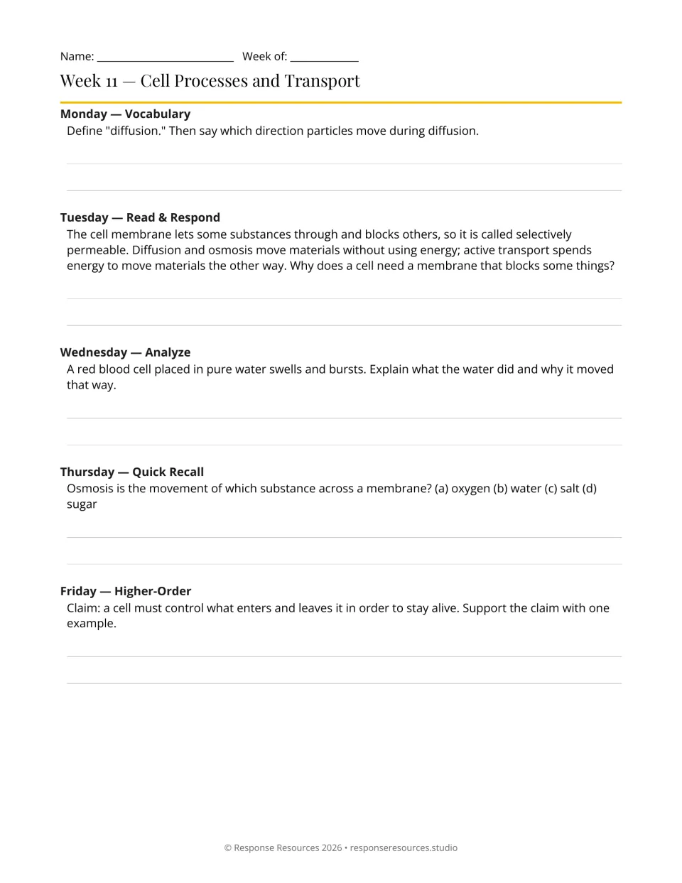 Week 11 bell-ringers: five prompts on diffusion, osmosis, selective permeability, and cell transport