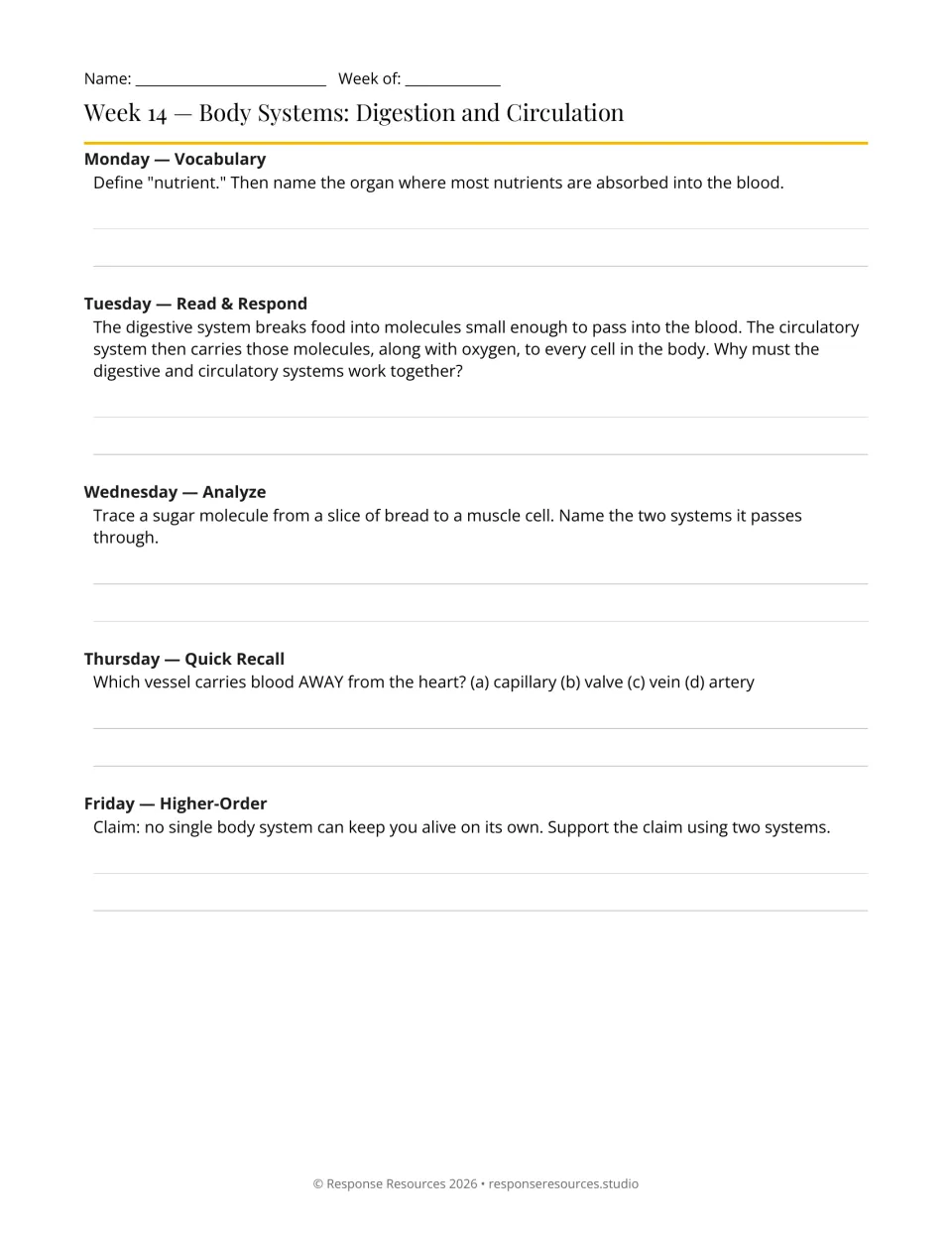 Week 14 bell-ringers: five prompts on nutrients, digestion, circulation, and sugar traveling to a muscle cell