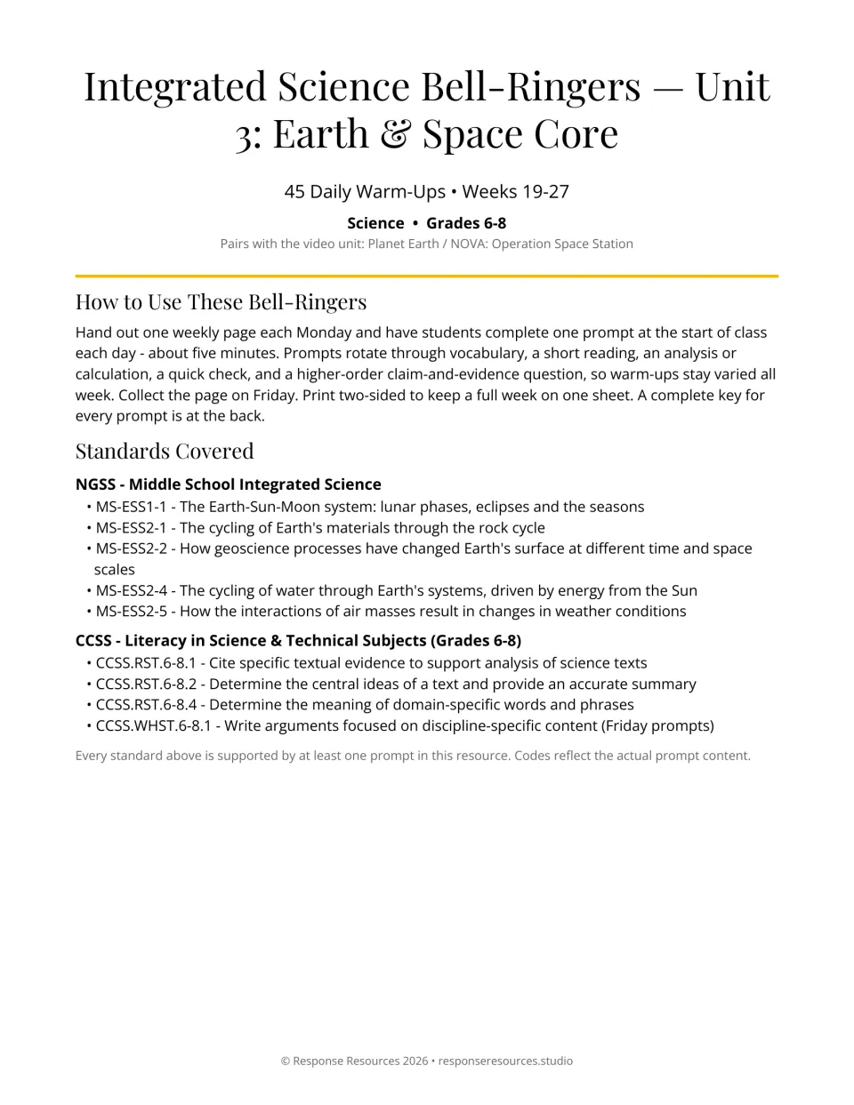 Earth and space science bell-ringer cover: 45 warm-ups for weeks 19–27, teaching directions and standards