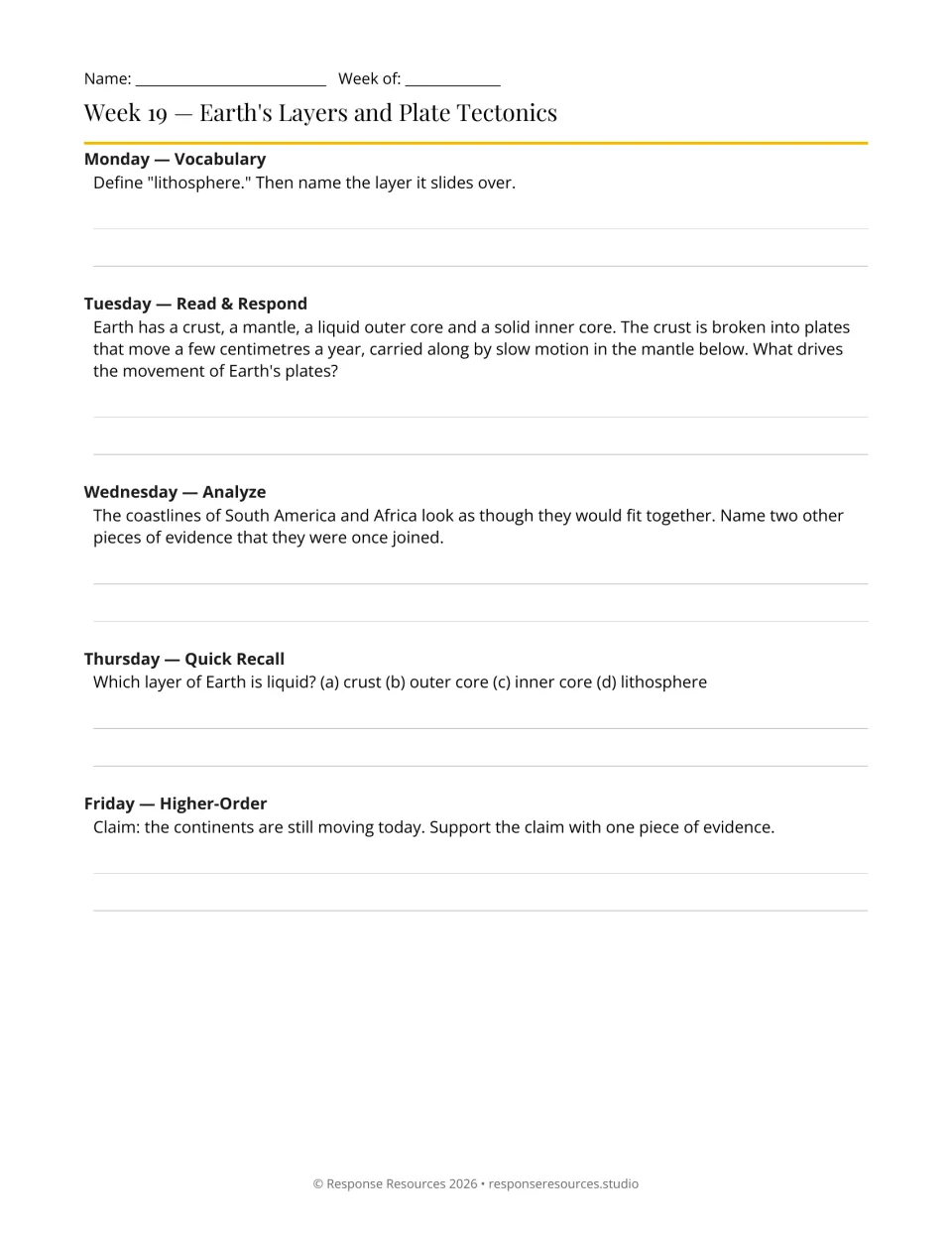 Week 19 bell-ringers: five prompts on Earth's layers, the lithosphere, plate motion and continental evidence