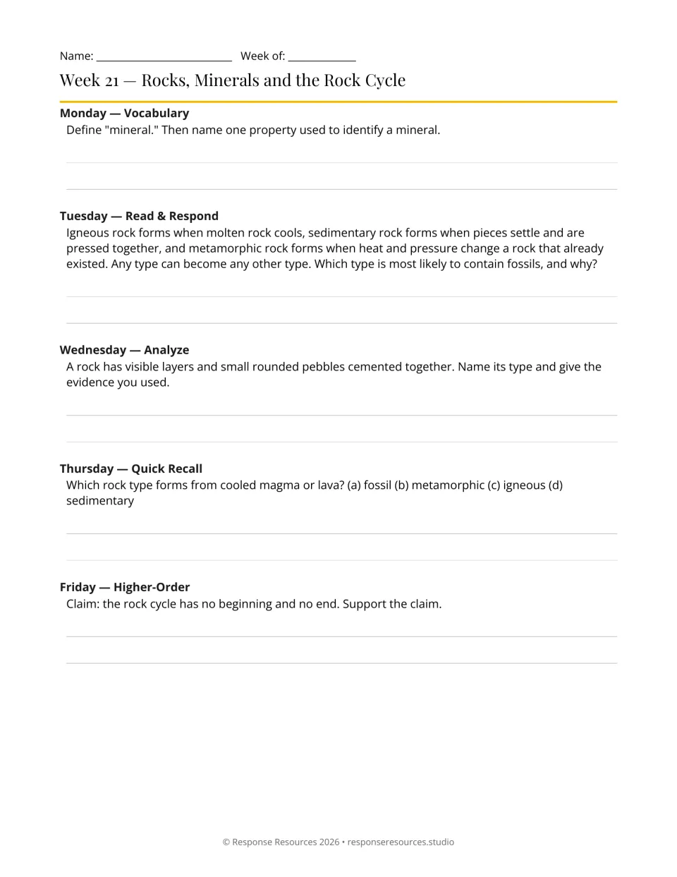 Week 21 bell-ringers: five prompts on minerals, rock types, fossils and evidence for identifying sedimentary rock