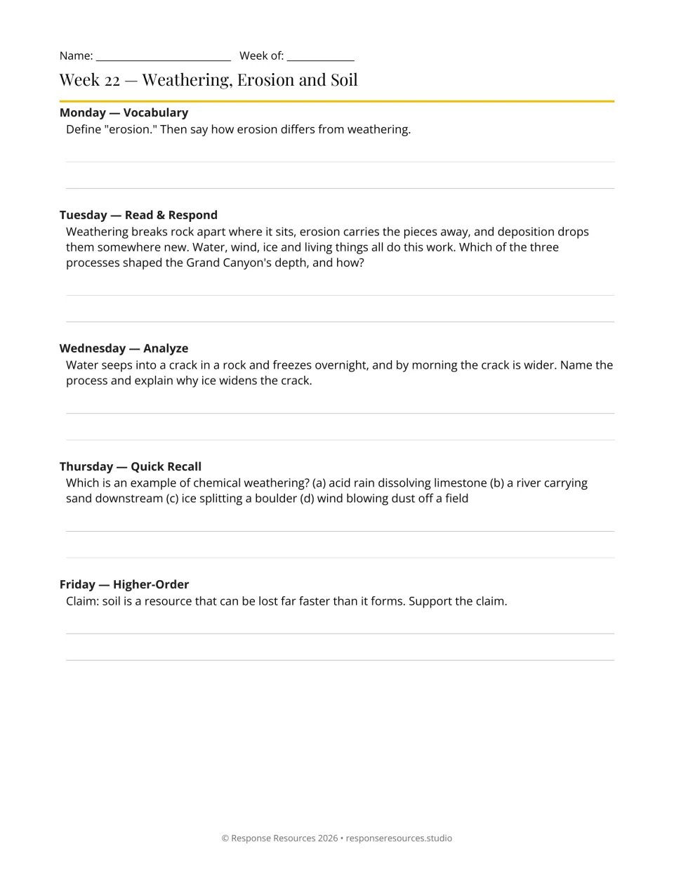 Week 22 bell-ringers: five prompts on erosion, Grand Canyon formation, ice wedging, chemical weathering and soil
