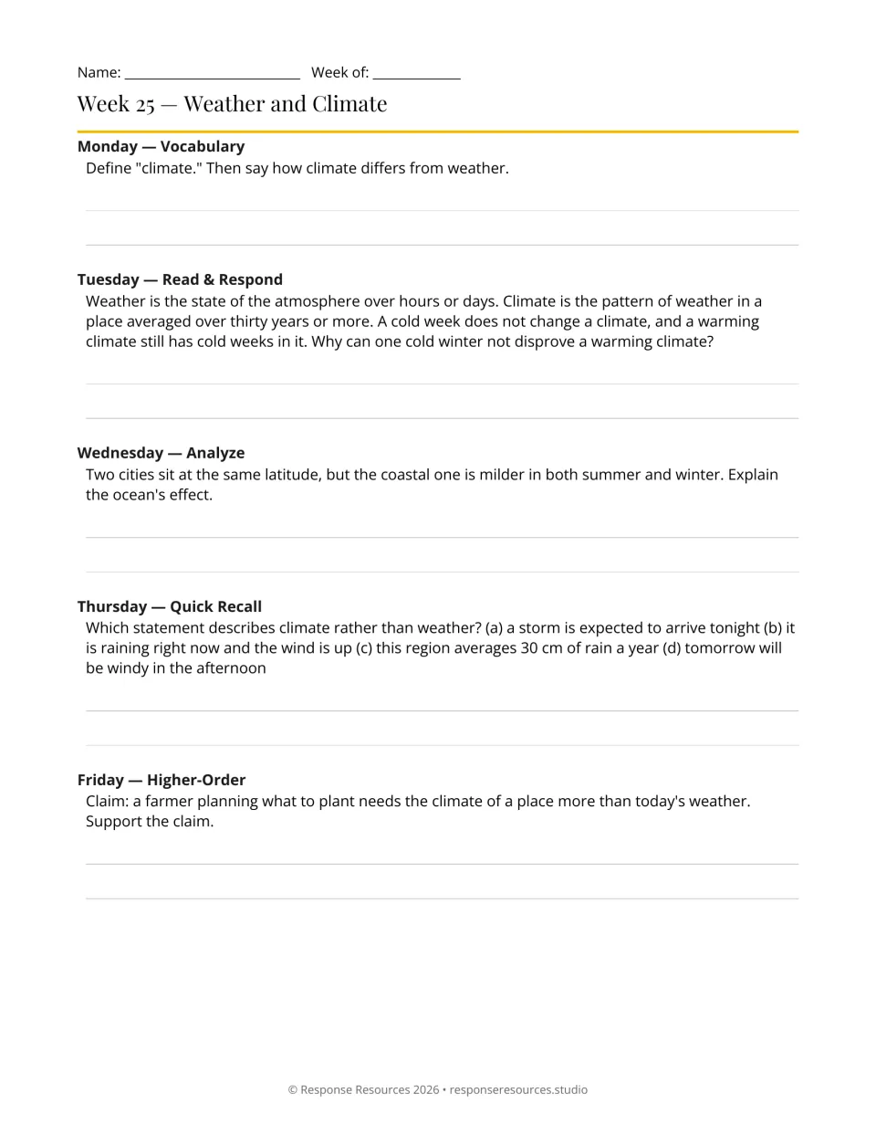 Week 25 bell-ringers: five prompts comparing weather and climate, ocean effects and climate's role in farming