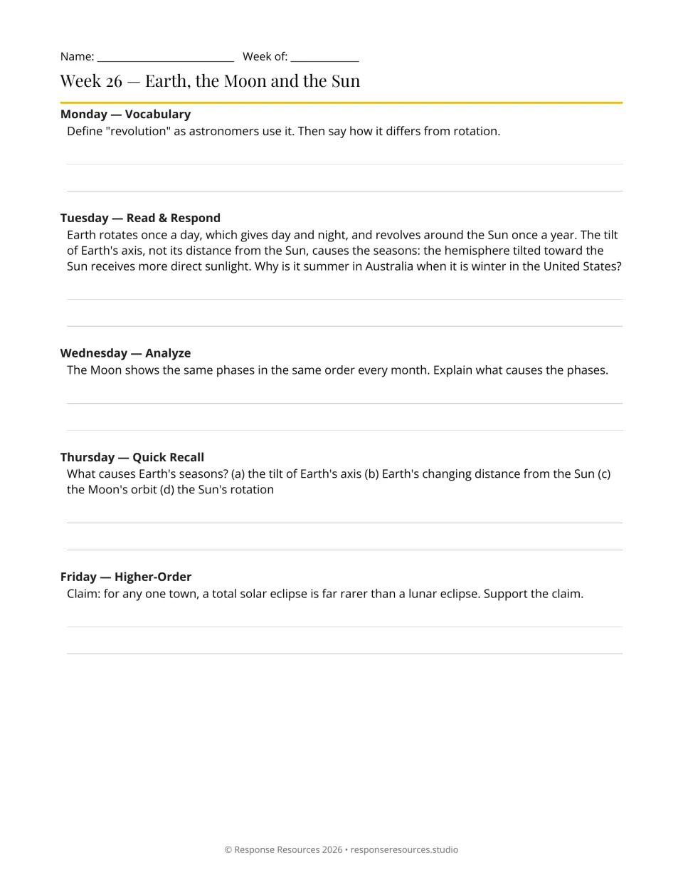 Week 26 bell-ringers: five prompts on revolution, rotation, opposite seasons, Moon phases and eclipses