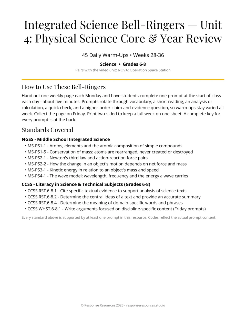Unit 4 bell-ringer cover: 45 daily warm-ups for weeks 28–36, teaching directions, and science standards