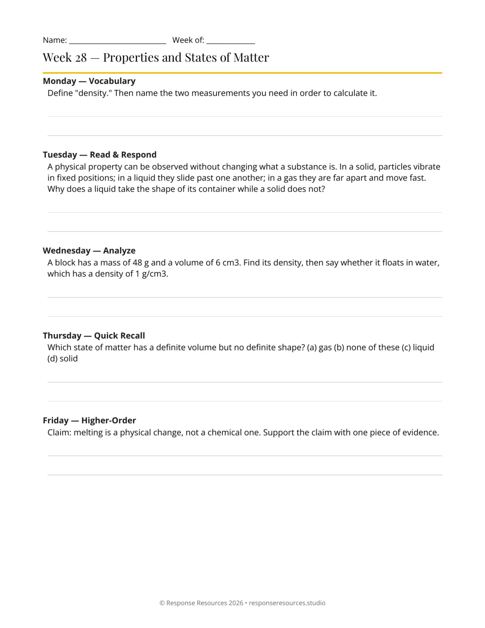 Week 28 bell-ringers: five prompts on density, states of matter, particle motion, and melting as a physical change
