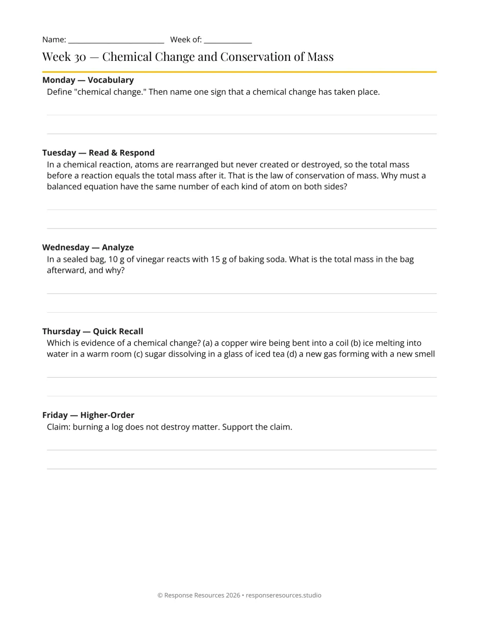 Week 30 bell-ringers: five prompts on chemical change, balanced equations, conservation of mass, and burning wood