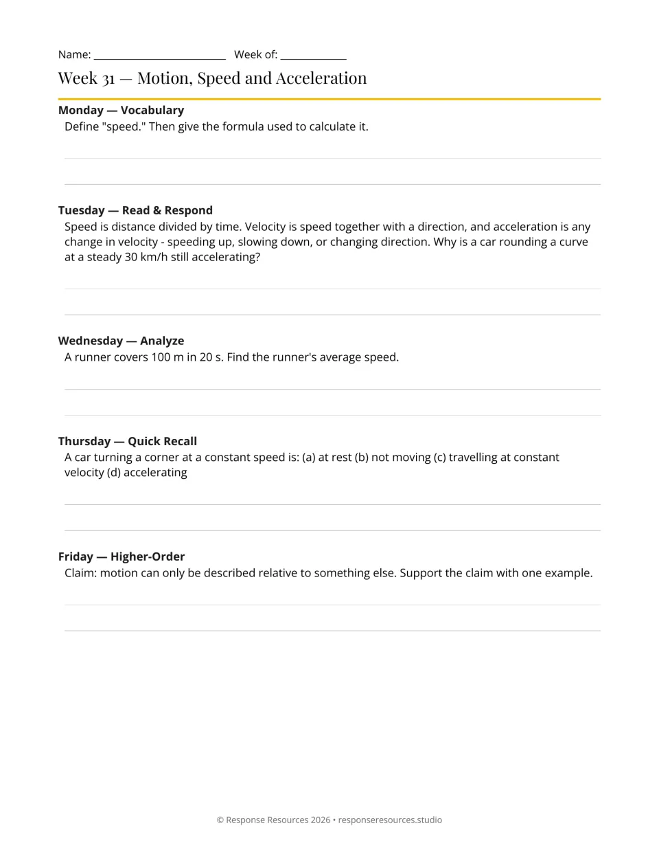Week 31 bell-ringers: five prompts on speed, velocity, acceleration, reference points, and a 100 m run in 20 s