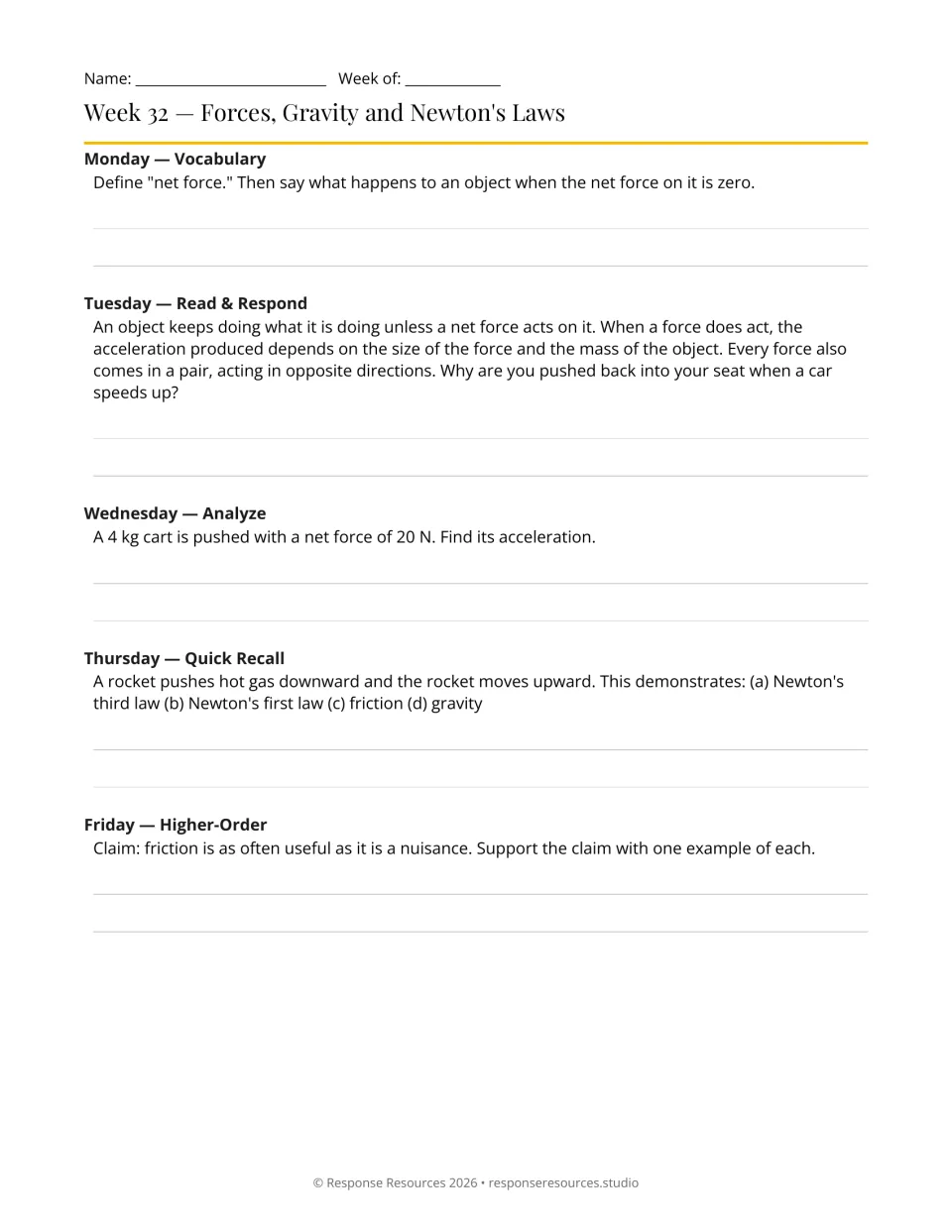 Week 32 bell-ringers: five prompts on net force, inertia, a 4 kg cart pushed with 20 N, rocket motion, and friction