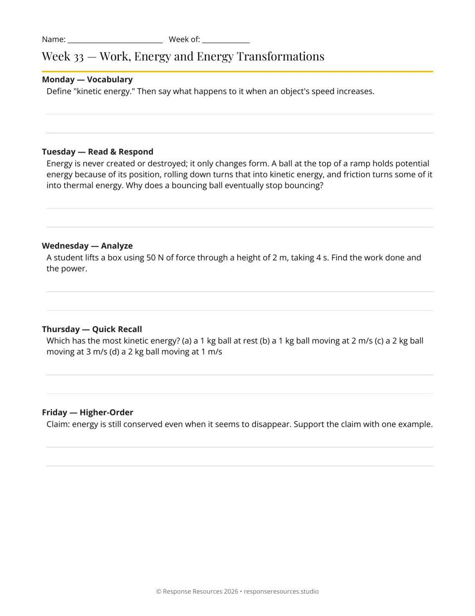 Week 33 bell-ringers: five prompts on kinetic energy, energy transformations, work, power, and energy conservation