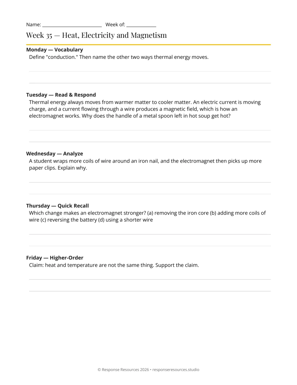 Week 35 bell-ringers: five prompts on conduction, thermal energy transfer, electromagnets, heat, and temperature