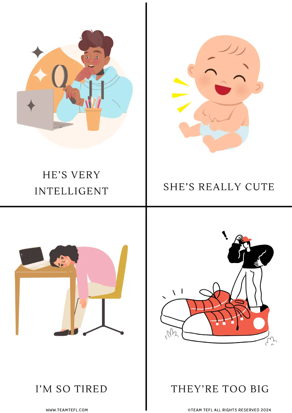 Intensifier flashcards 1–4: he's very intelligent, she's really cute, I'm so tired, and they're too big