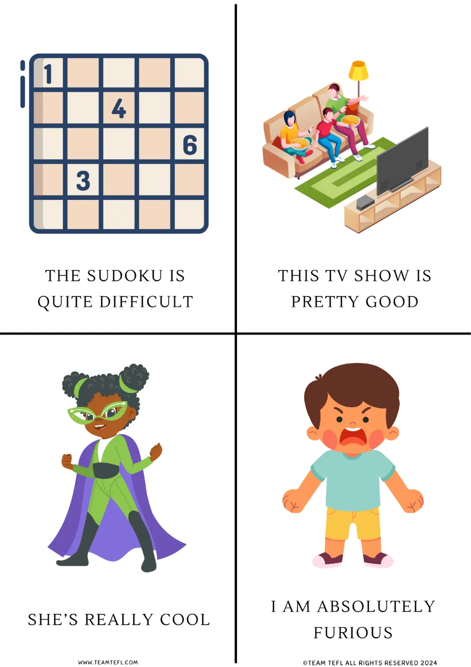 Intensifier flashcards 5–8 illustrate quite difficult, pretty good, really cool, and absolutely furious