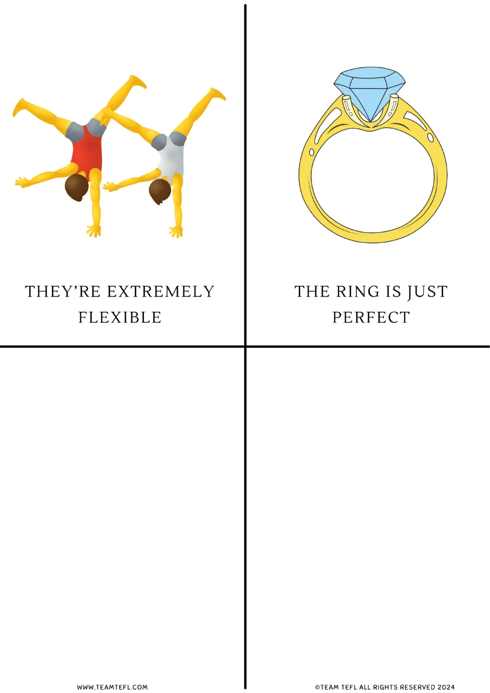 Intensifier flashcards 9–10: 'They're extremely flexible' with gymnasts and 'The ring is just perfect'