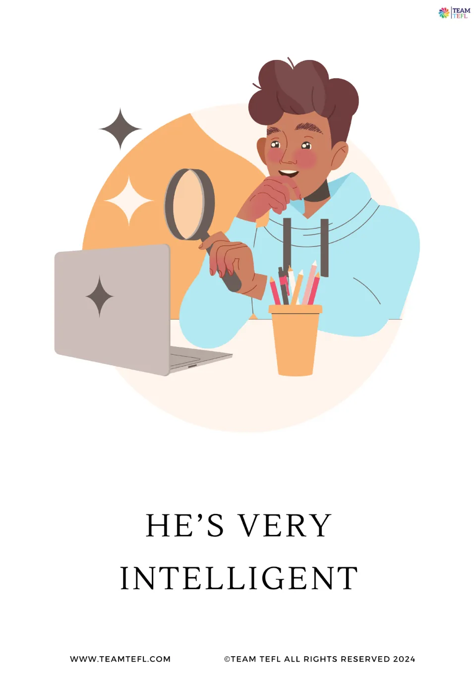Full-page intensifier flashcard 1: 'He's very intelligent,' showing a person holding a magnifying glass