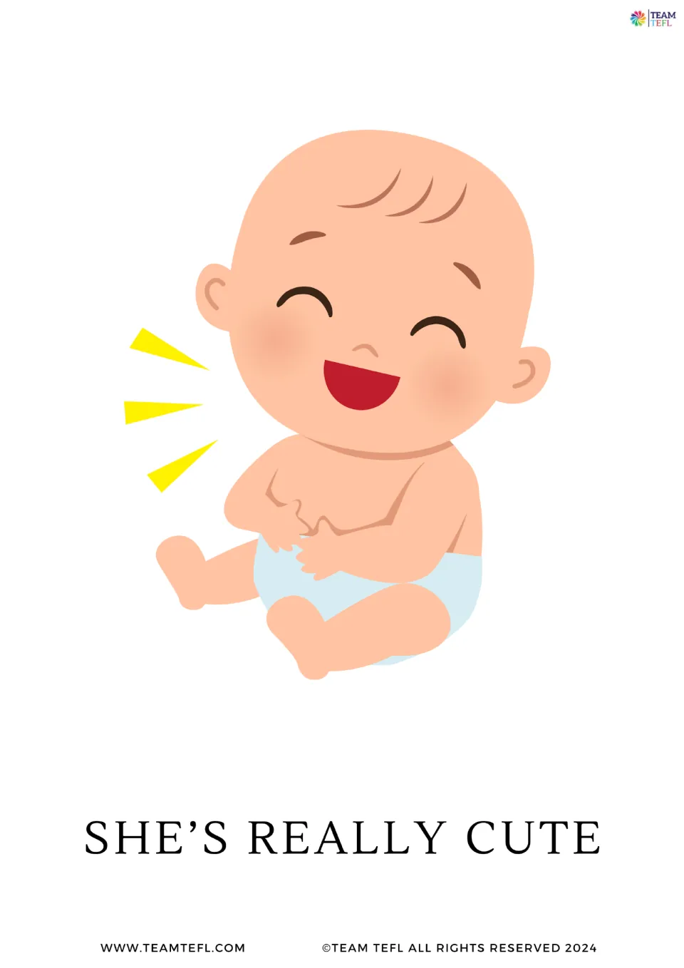 Full-page intensifier flashcard 2: 'She's really cute,' illustrated by a smiling baby wearing a diaper