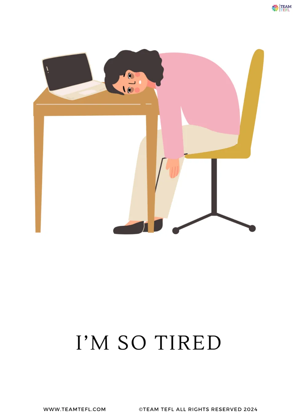 Full-page intensifier flashcard 3: 'I'm so tired,' showing a person resting their head on a desk