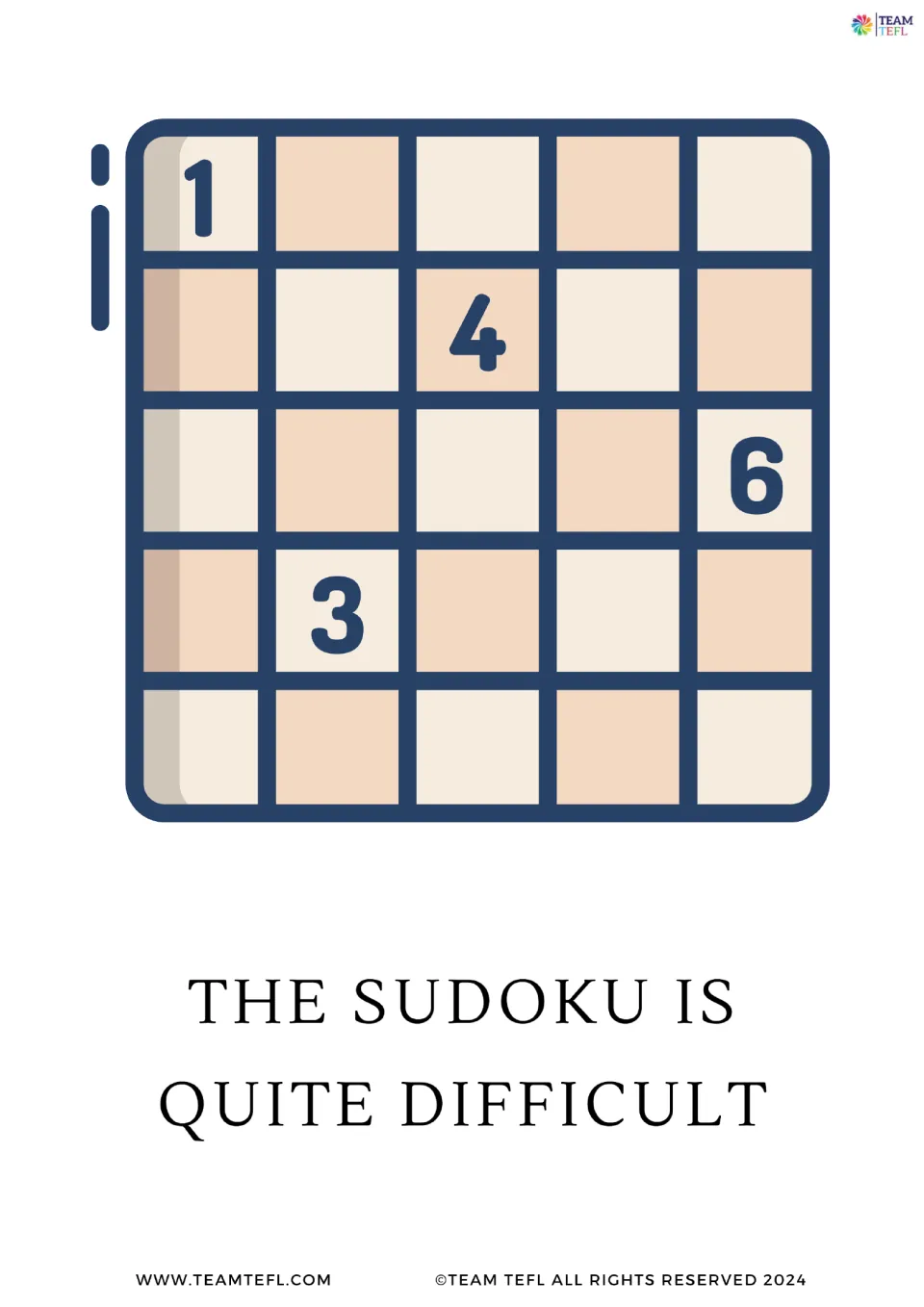 Full-page intensifier flashcard 5: 'The sudoku is quite difficult,' with a puzzle showing 1, 4, 6, and 3