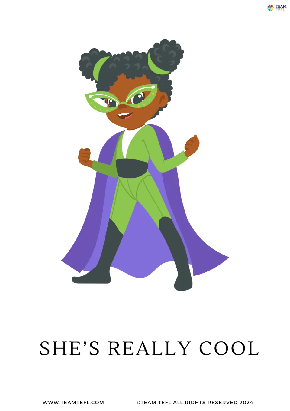 Full-page intensifier flashcard 7: 'She's really cool,' showing a superhero in a green suit and purple cape