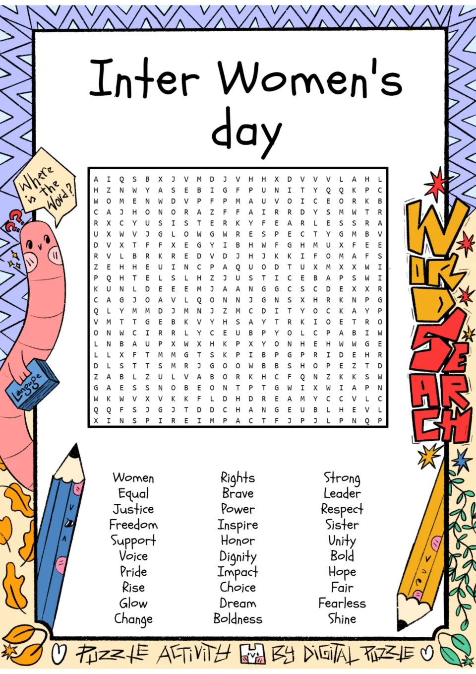 Women's Day word search with 30 terms, including women, equal, justice, freedom, rights, brave, and strong