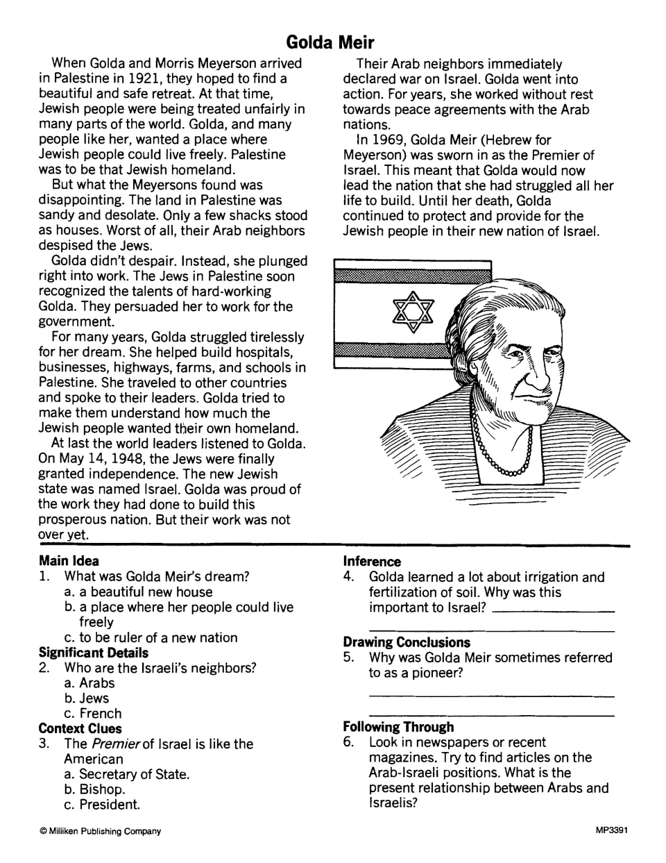 Golda Meir biography: students read about founding Israel, then answer main idea, context clue and inference questions