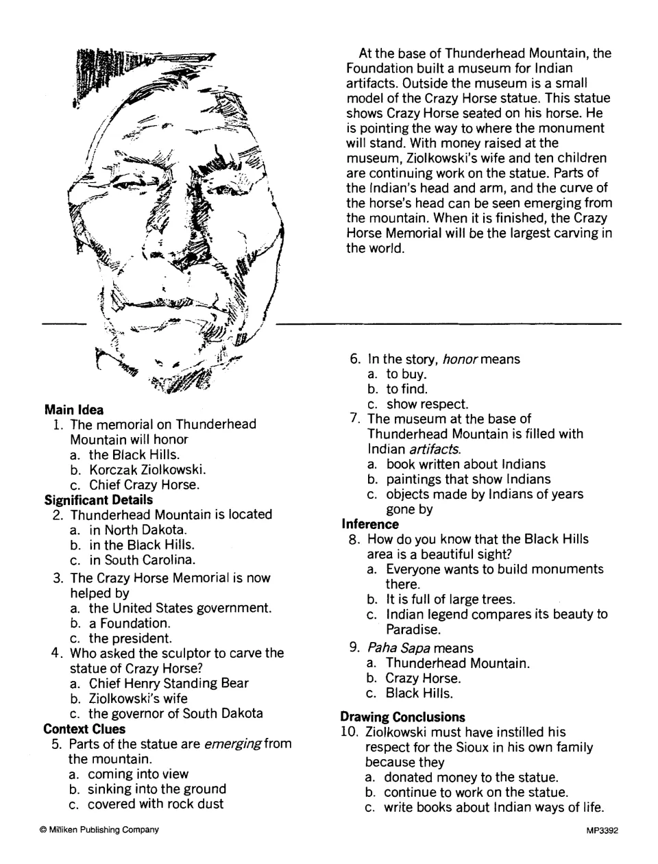 Crazy Horse, part 2: passage on the memorial museum, then 10 multiple-choice questions on details, vocabulary and inference