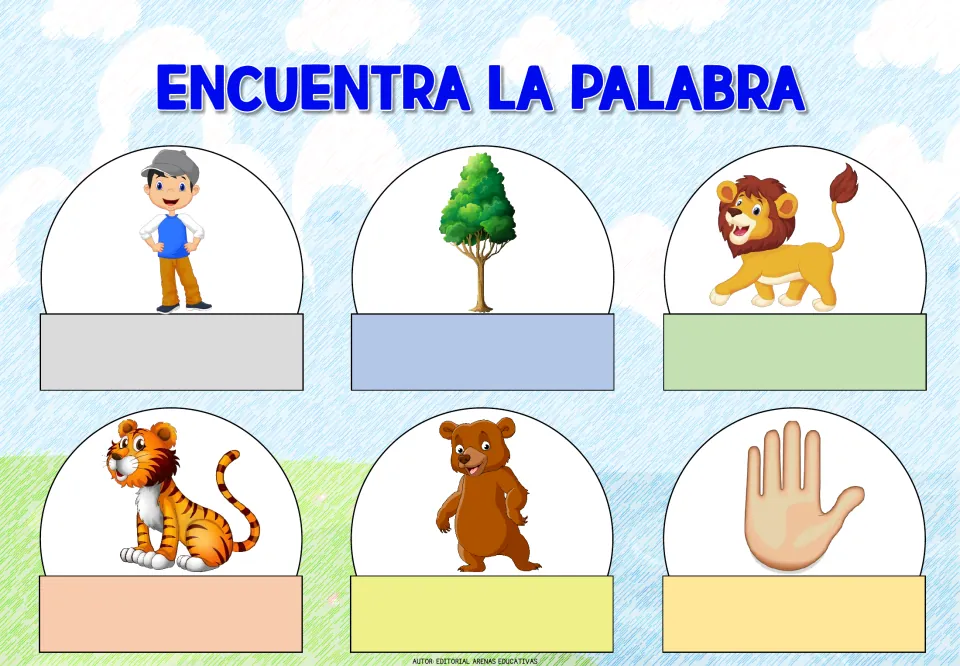 Spanish word-identification sheet 1: picture prompts for a boy, tree, lion, tiger, bear, and hand