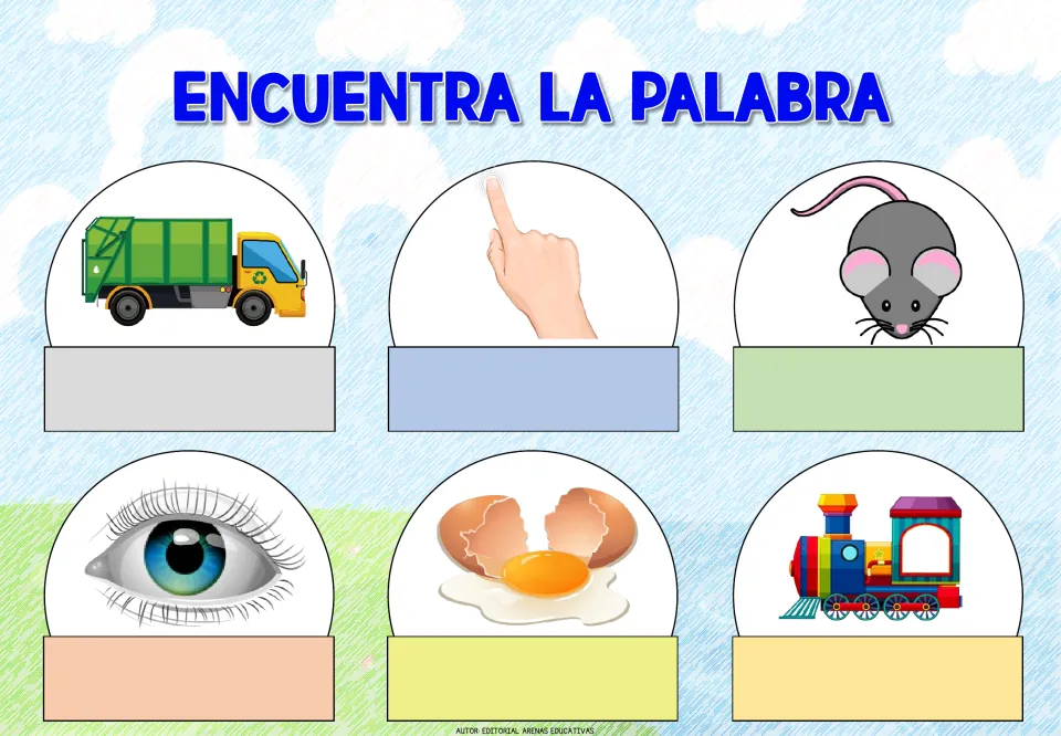 Spanish word-identification sheet 2: picture prompts for a garbage truck, finger, mouse, eye, egg, and train