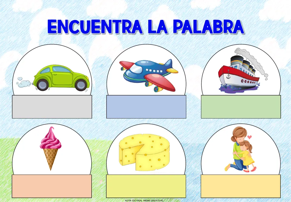Spanish word-identification sheet 3: picture prompts for a car, airplane, ship, ice cream, cheese, and mother