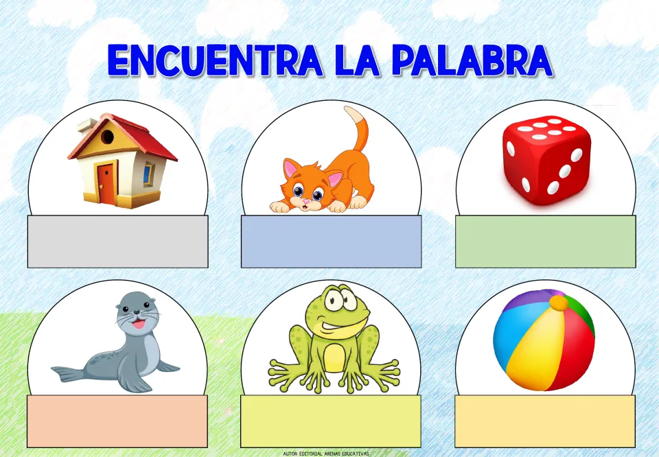 Spanish word-identification sheet 4: picture prompts for a house, cat, die, seal, frog, and ball
