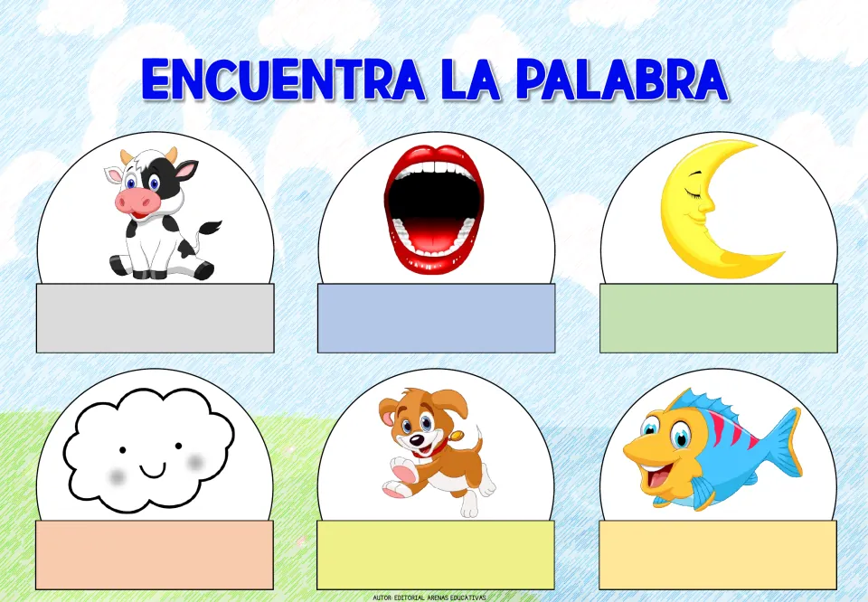 Spanish word-identification sheet 5: picture prompts for a cow, mouth, moon, cloud, dog, and fish
