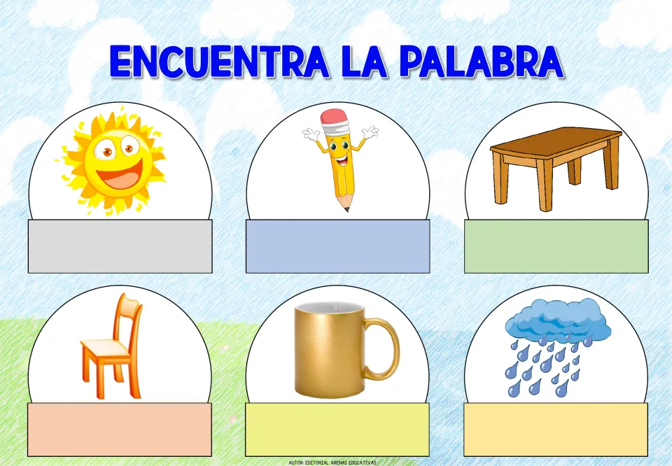 Spanish word-identification sheet 6: picture prompts for the sun, pencil, table, chair, mug, and rain
