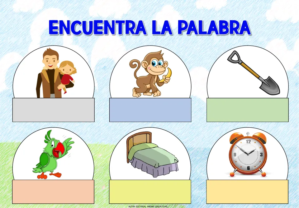 Spanish word-identification sheet 7: picture prompts for a father, monkey, shovel, parrot, bed, and clock