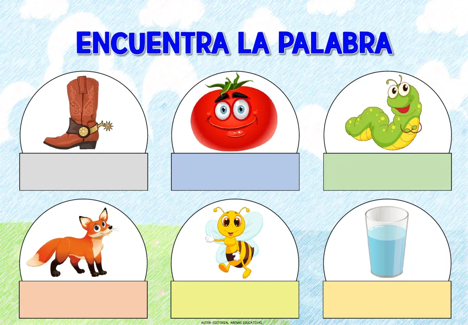 Spanish word-identification sheet 8: picture prompts for a boot, tomato, worm, fox, bee, and glass of water