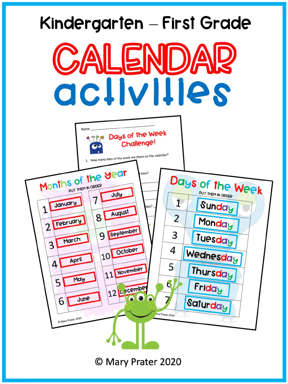 Calendar activities cover for kindergarten–first grade, showing day and month mats and a challenge sheet