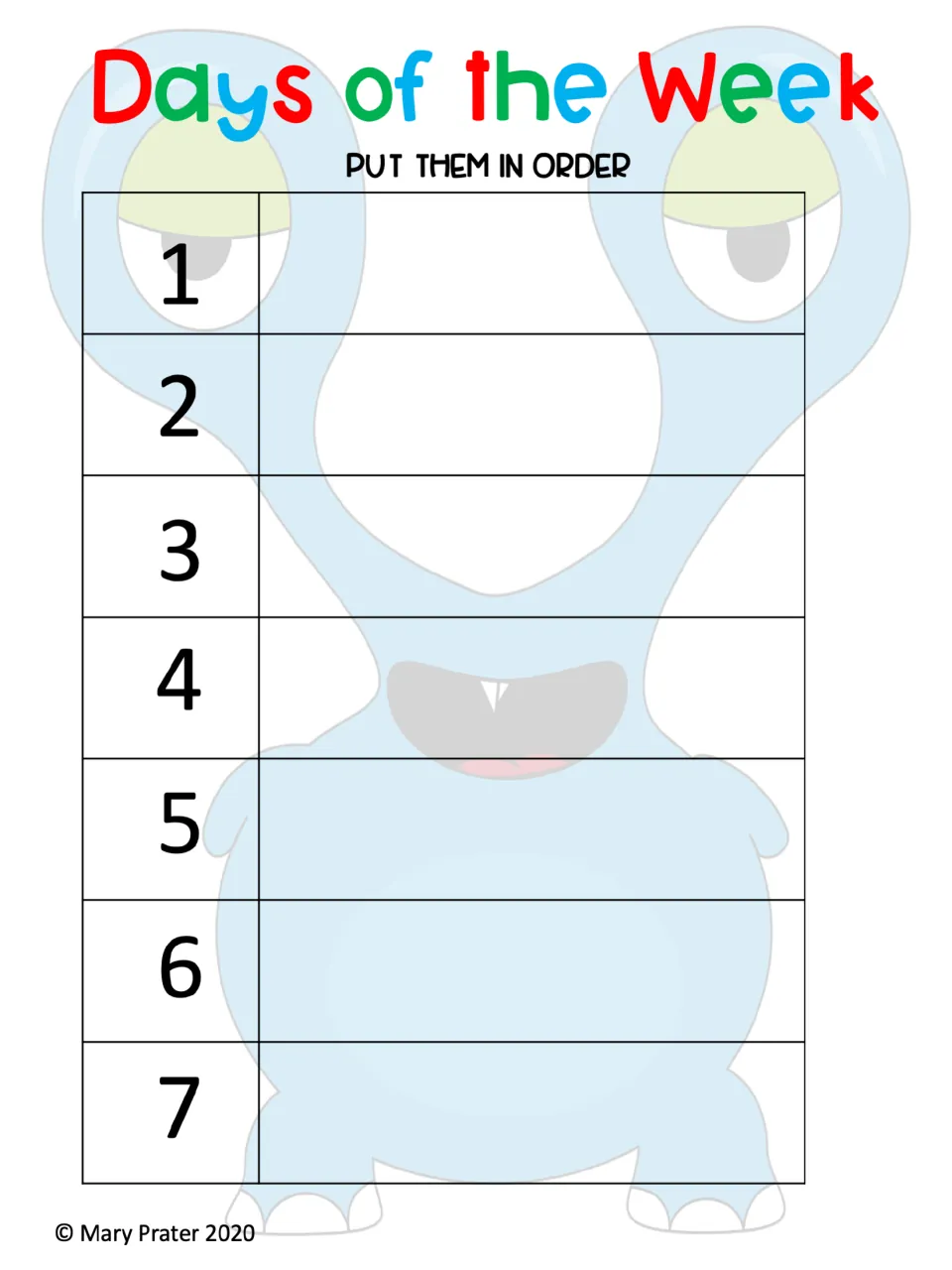Days of the Week sequencing mat with positions numbered 1 through 7 and the direction 'Put them in order'