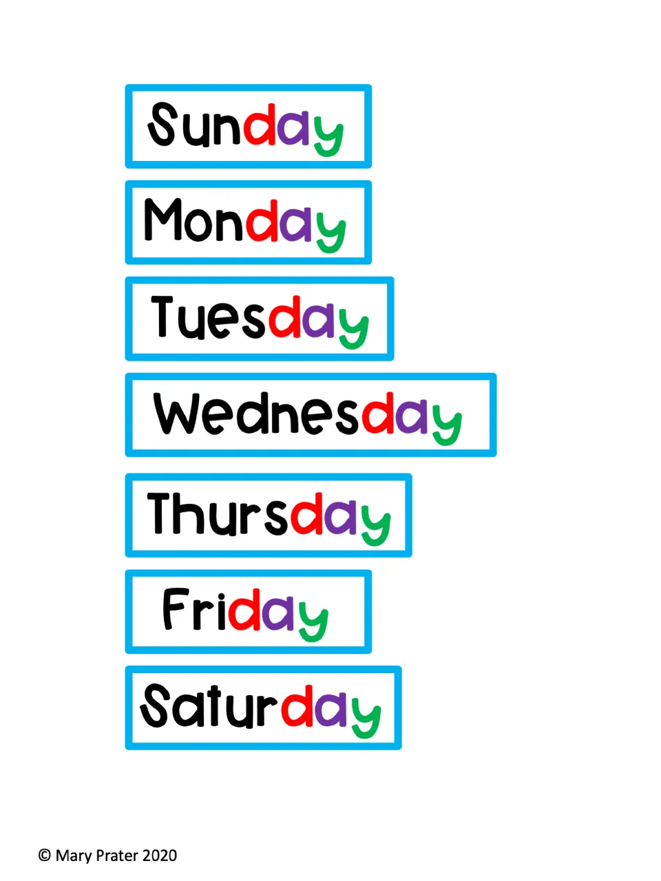 Seven day cards for the sequencing mat: Sunday, Monday, Tuesday, Wednesday, Thursday, Friday, Saturday