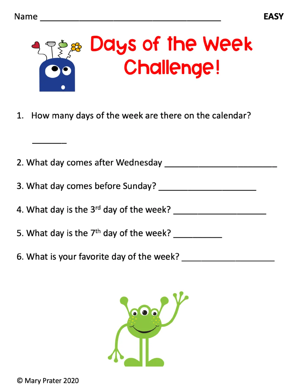 Easy Days of the Week Challenge: six questions on day count, sequence, third and seventh days, and favorites