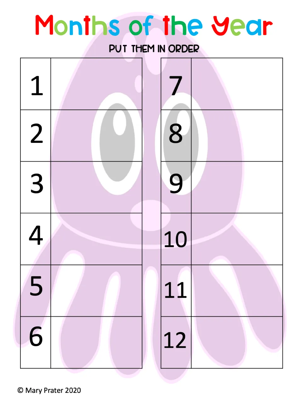 Months of the Year sequencing mat with positions 1 through 12 and the direction 'Put them in order'