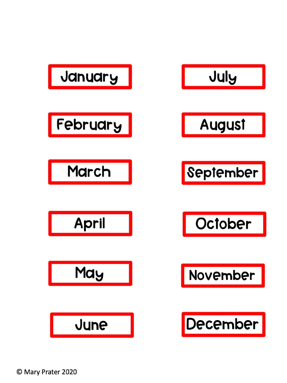 Twelve month cards for the sequencing mat, covering every month of the year from January through December