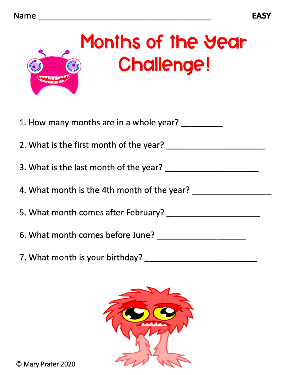 Easy Months of the Year Challenge: seven questions on month count, first and last months, order, and birthdays
