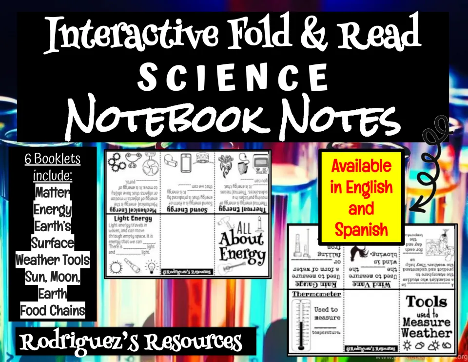 Cover: 6 foldable science booklets on matter, energy, Earth's surface, weather tools, sun, moon and Earth, and food chains