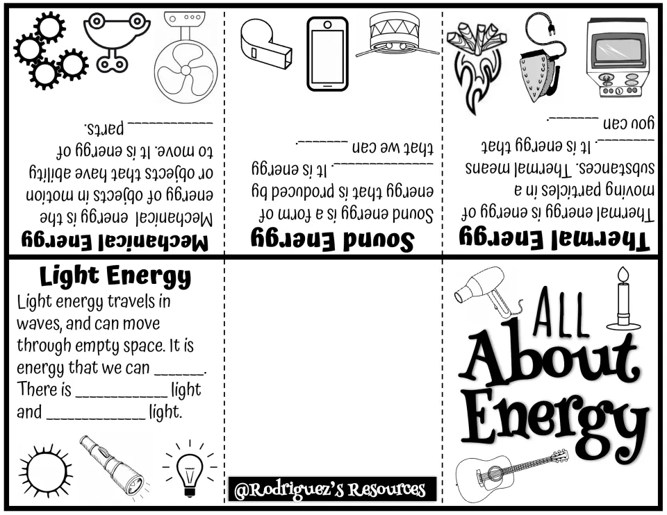 All About Energy booklet: students complete fill-in notes on light, thermal, sound and mechanical energy with pictures