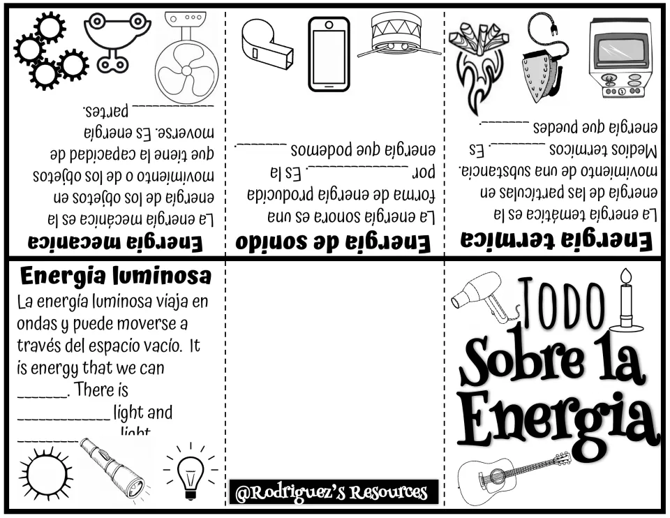 Todo Sobre la Energía, Spanish energy booklet: students complete notes on luminosa, térmica, sonido and mecánica energy
