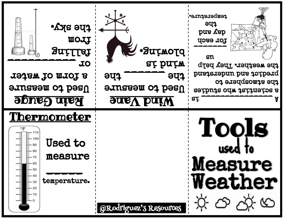 Weather tools booklet: students fill in what a thermometer, wind vane and rain gauge measure and who studies the weather