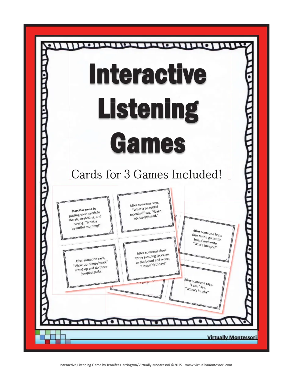Interactive Listening Games cover: game cards with action clues for three separate games, shown fanned out in a stack