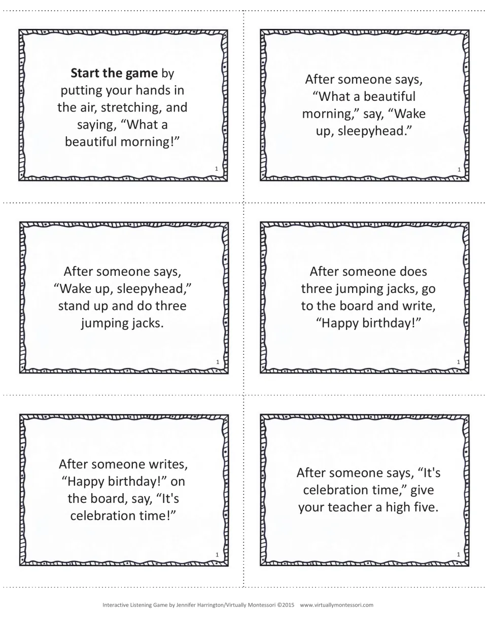 Game 1 cards: students listen for cues like "Wake up, sleepyhead" and act, from the opening stretch to a high five