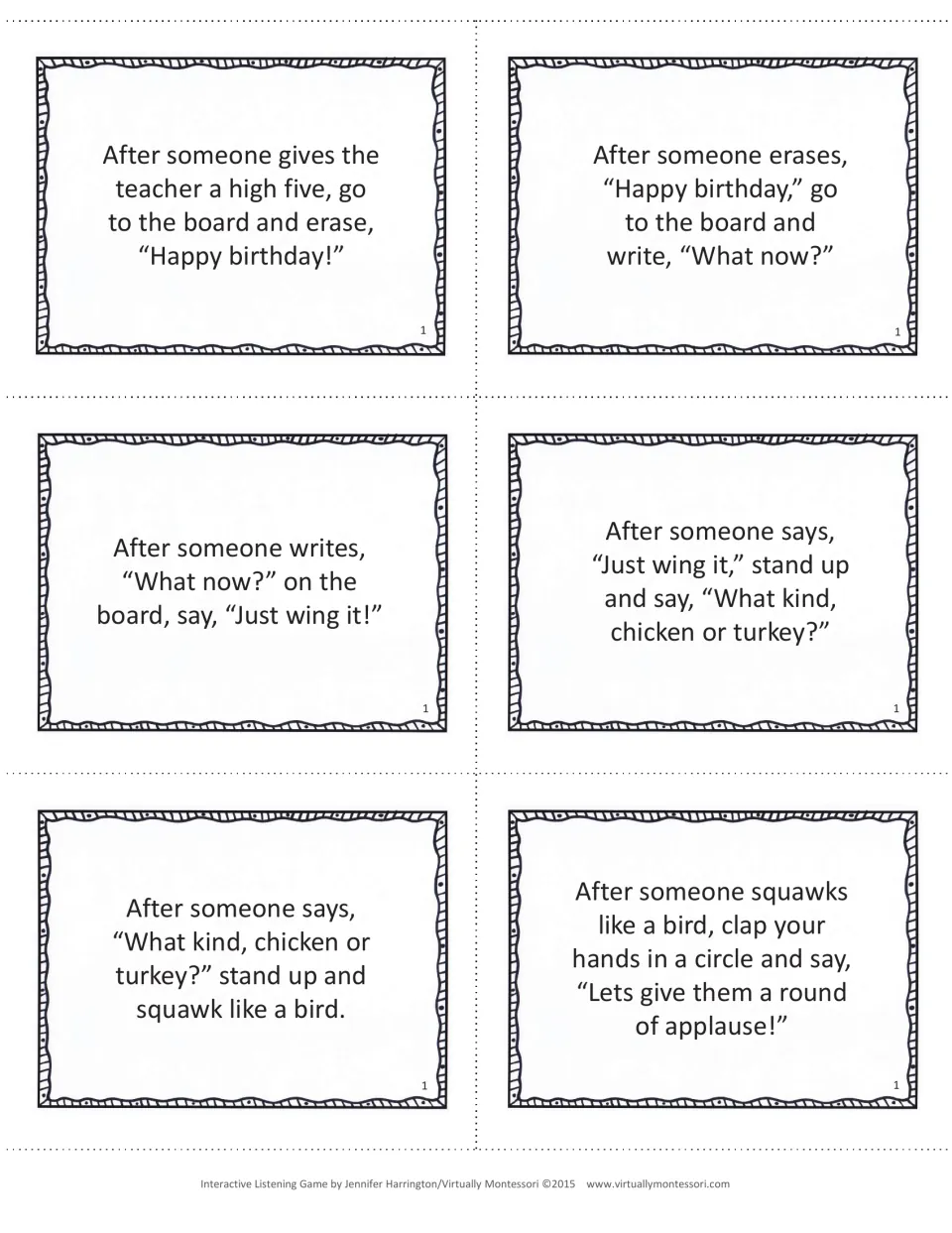 Game 1 cards: listening cues about erasing "Happy birthday," writing "What now?" and squawking like a bird